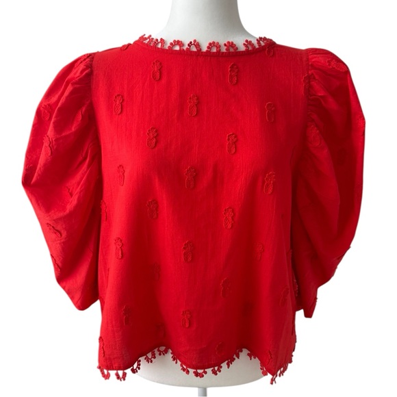 FARM Rio Tops - FARM Rio Pineapple Embroidered Puff Sleeve Blouse Top Red Cotton Size Medium